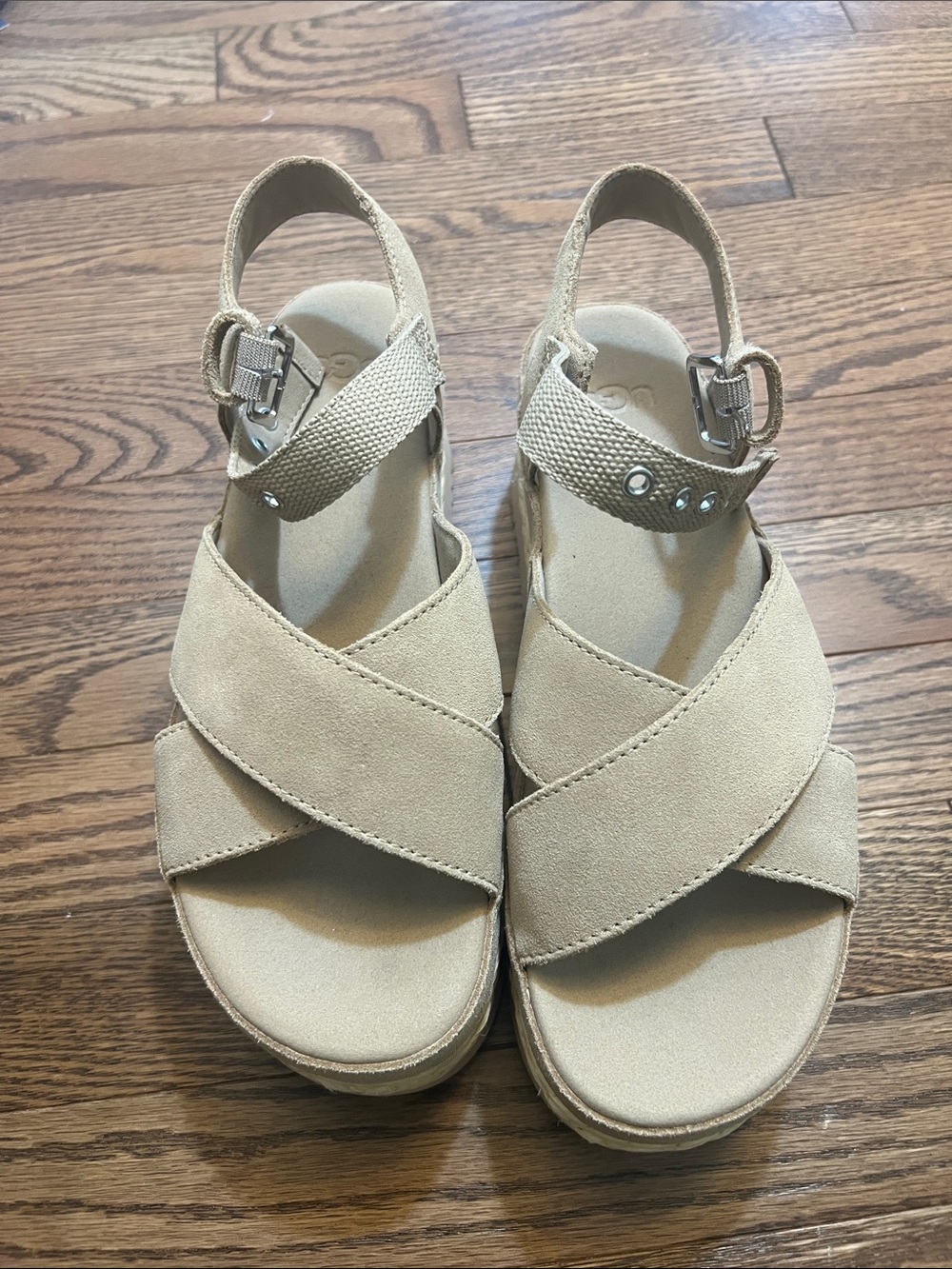 UGG Aubrey Tan Suede Platform Espadrille Sandals with Braided Midsole.